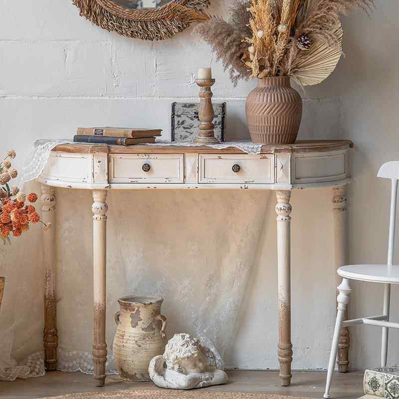 法式复古做旧过店道条案圆半形走廊实木桌子饭旧复古做装饰GAK玄