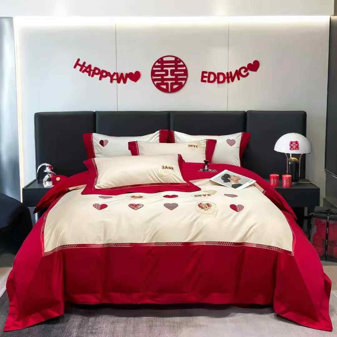 简约140支长绒棉婚庆四件套大红刺绣活性纯棉喜庆床上用品多件套