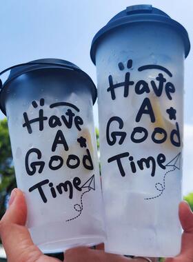 可封口90口一次性塑杯奶茶杯店商用带盖子PP网红字母果汁饮料杯硬