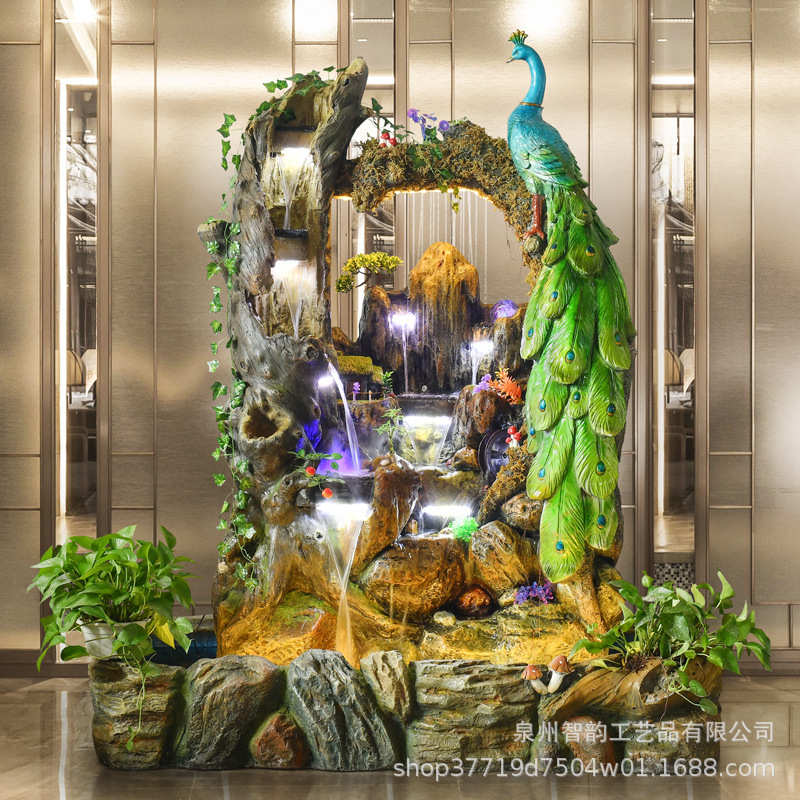 大型假山喷泉流水孔雀摆件客厅别墅阳台办公茶室鱼缸水景观工艺品
