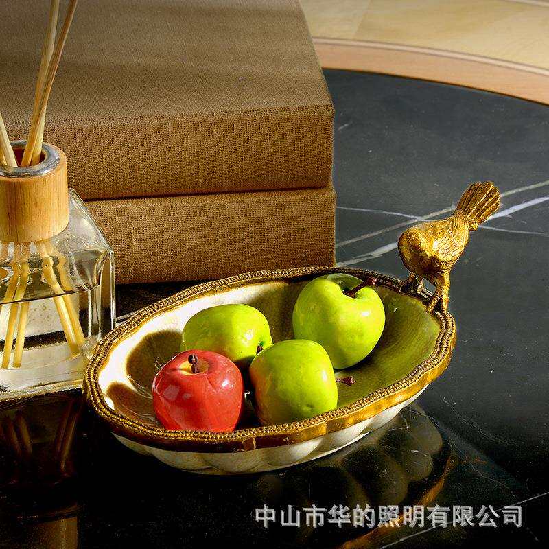 欧式勺子造型陶瓷水果盘美式镶铜茶几摆件客厅餐桌创意家居果盘