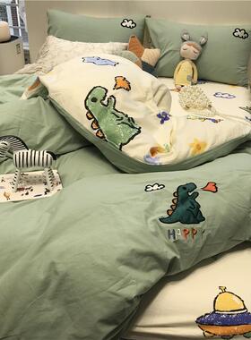 高档A版恐水洗刺绣B版纯棉斜纹in四s绿色喷火小龙龙床上棉件套全