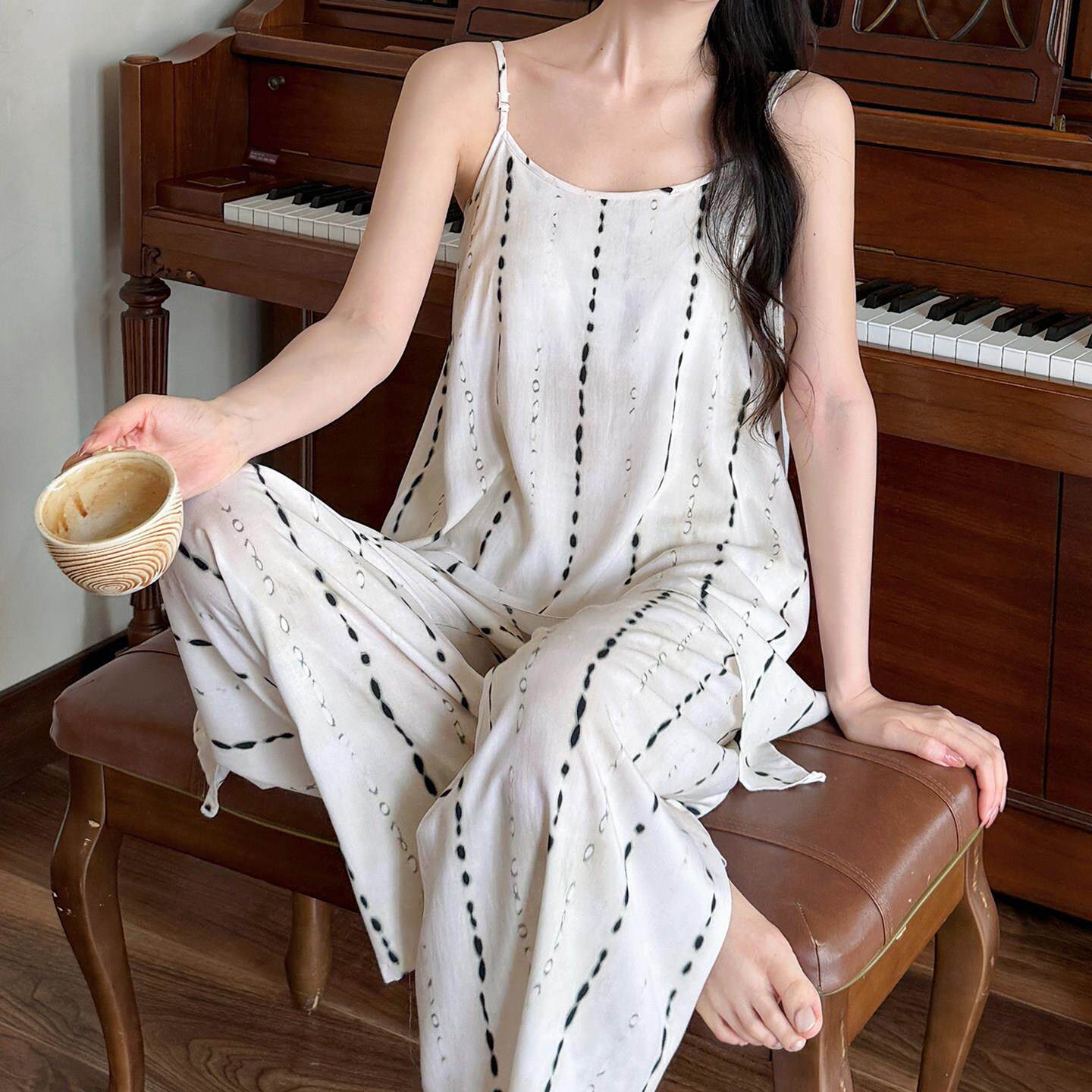 夏季女士棉绸吊带睡衣裤套组无袖印花防凸点家居服带胸垫绵绸两件