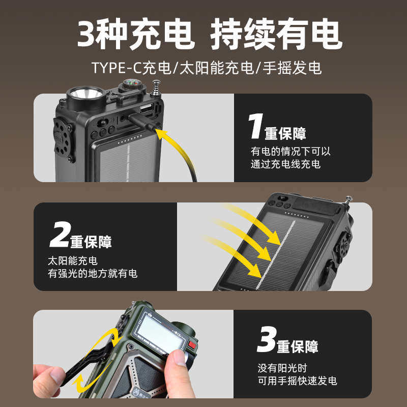 多功能收音机手摇发电户外音响太阳能手电筒应急生存装备全波段