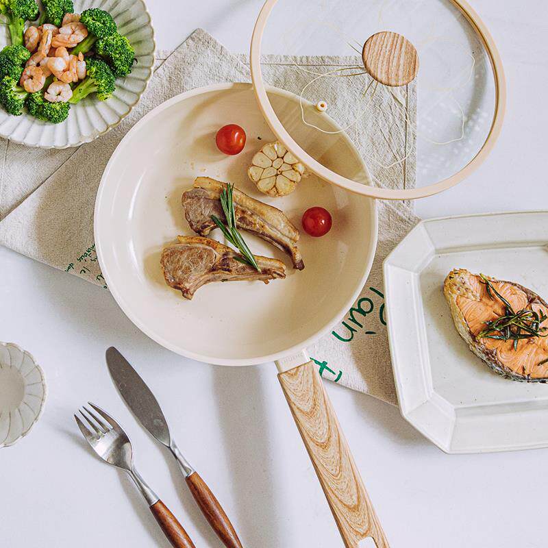 陶瓷平底锅家用不粘锅圆炒菜锅厨房电磁炉可用锅具小炒锅