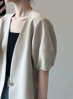 言双 韩版泡泡袖短袖西装外套女 秋季薄款休闲半袖西服80952