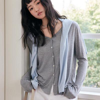春夏天丝醋酸针织衫女绵羊毛弹力亲肤外套轻薄纽扣长袖打底上衣