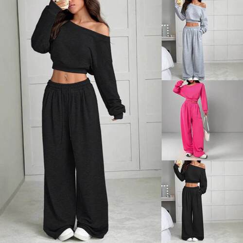 Women's Casual Hooded Sweatshirt Set Single Shoulder