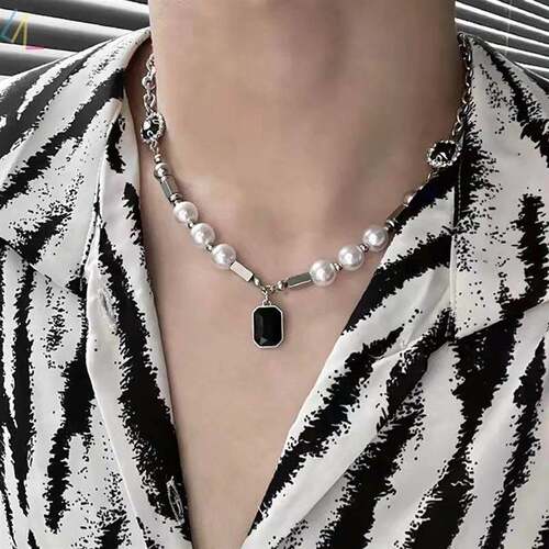 2025 Black Rhinestones Pendant Pearl Necklaces Men Jewellery