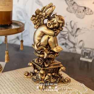复古森林中古复刻欧式 饰拍摄道具 金色抱膝可爱天使树脂家居摆件装