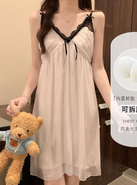 吊带睡裙女款夏季2026新款夏天莫代尔孕妇网纱蕾丝紫色带胸垫睡衣