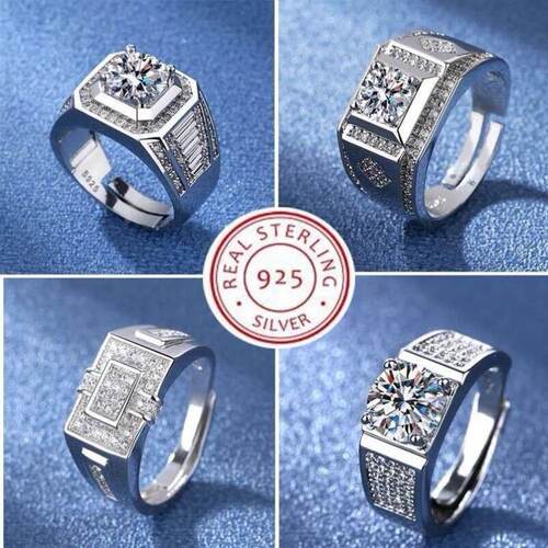 925 Sterling Silver Rings For men Shining crystal adjustable