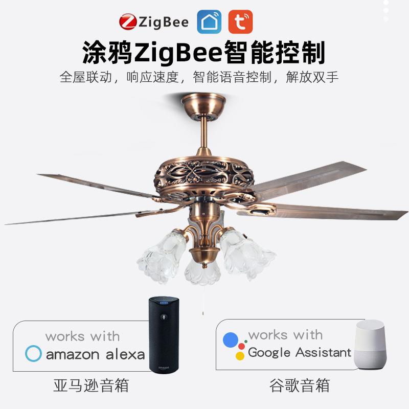 新款直销复古美式家用客厅吊灯风扇红古铜铁木叶风扇大风力卧室吊