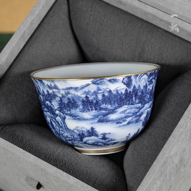 景德镇青花茶杯单杯陶瓷功夫茶具家用大号山水主人杯手工品茗杯