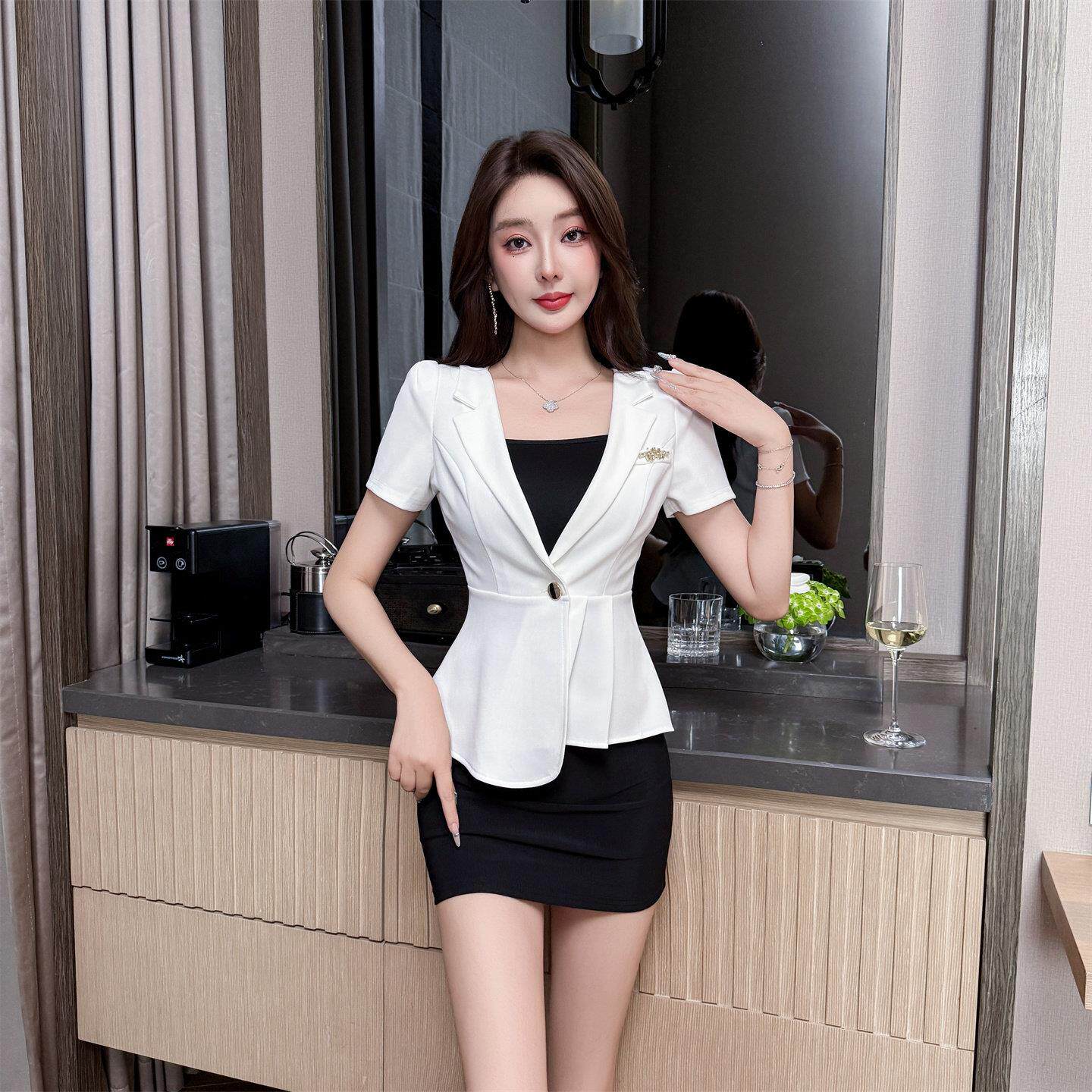 女装套装包臀裙短袖夏季美容师工作服高端足浴店黑色制服气质职业