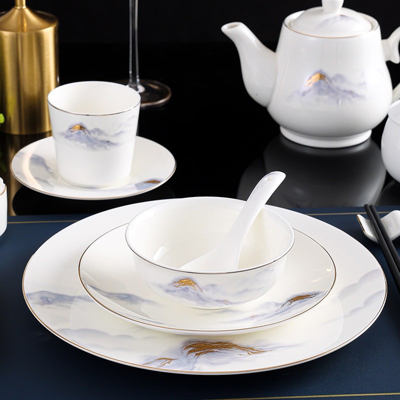 新中式摆台餐具陶瓷碗碟盘勺logo定制印字酒店会所高档四件套套装