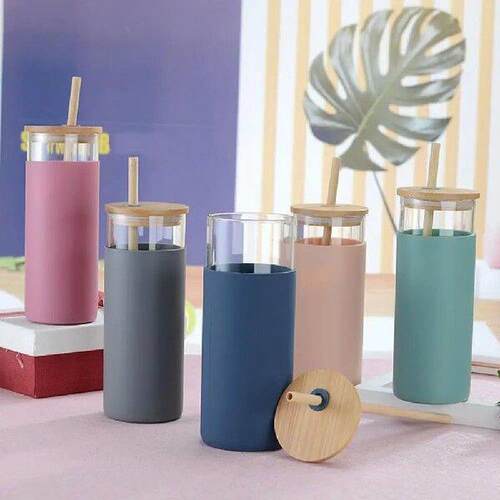 Wooden Lid Glass Water Bottle With Straw Single-Wall