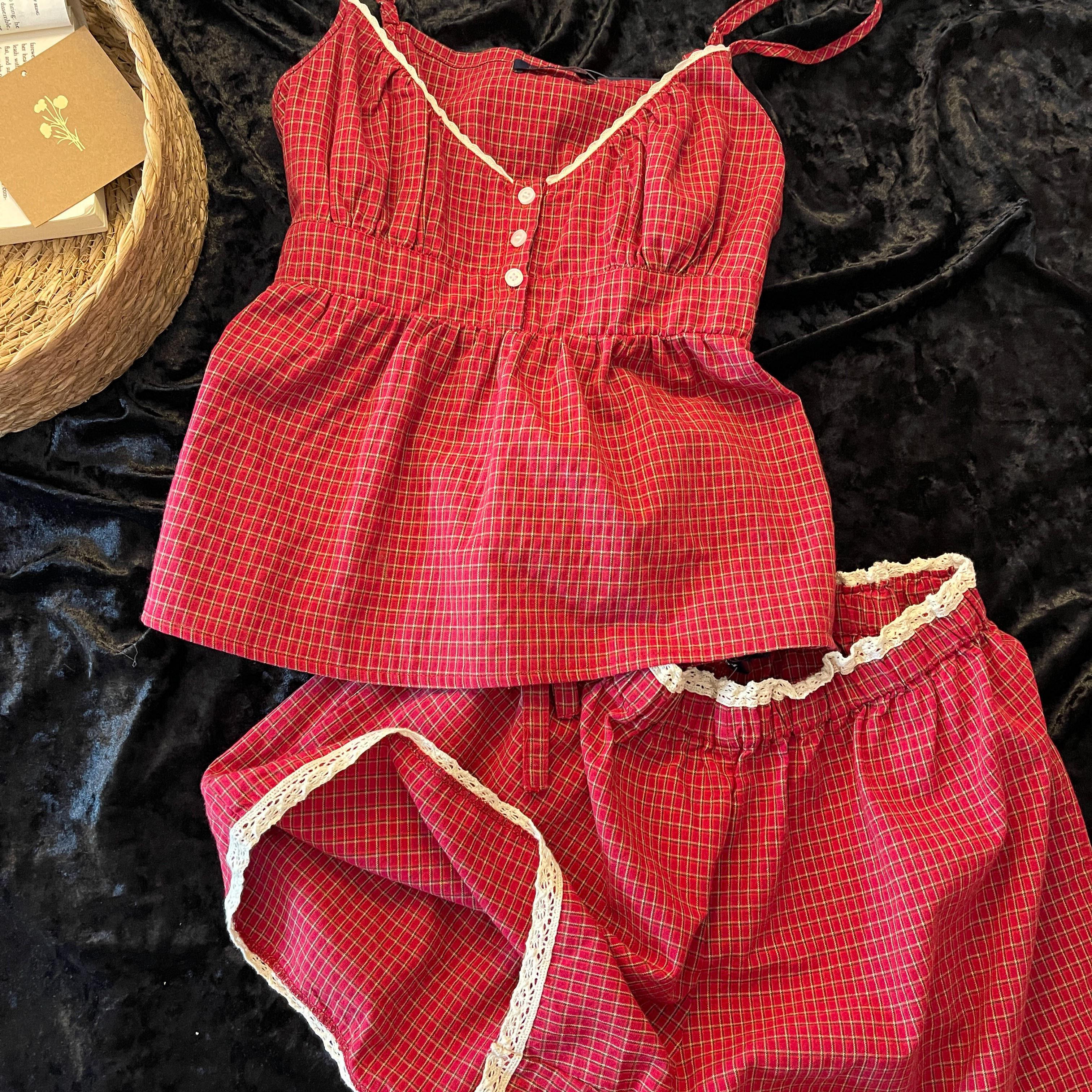 Sin Glee 韩系红格纹蕾丝边吊带睡衣女夏季休闲短裤家居服两件套
