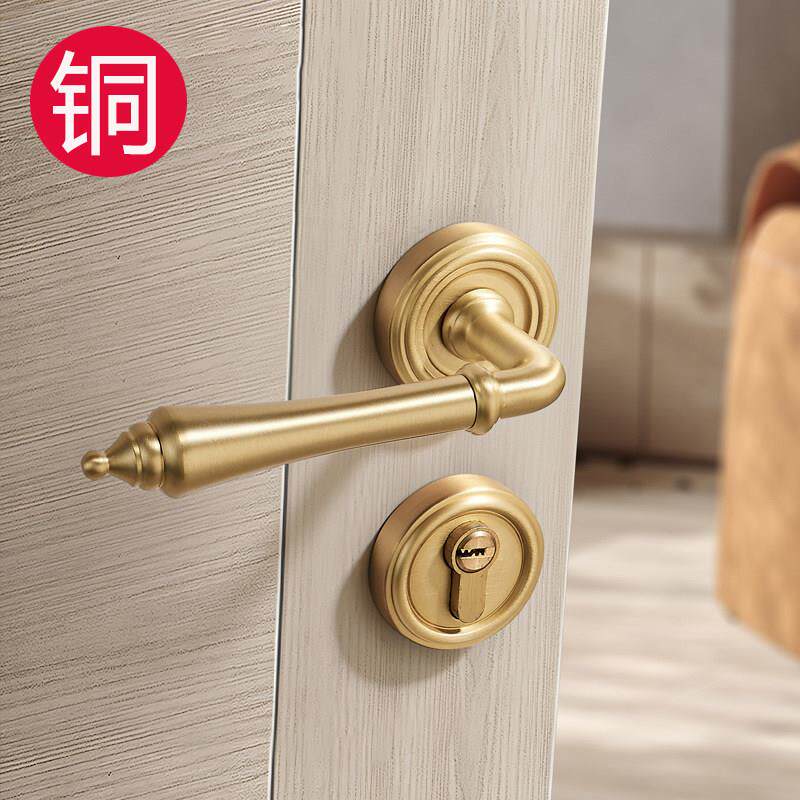 黄铜法式门锁金色静音门锁室内卧室房门锁复古木门双开门对开门锁