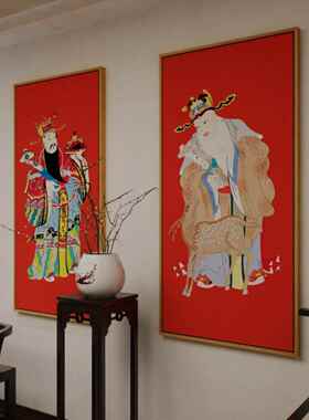 新中式财神爷挂画招财进宝装饰画门神玄关画客厅过道风水红色壁画