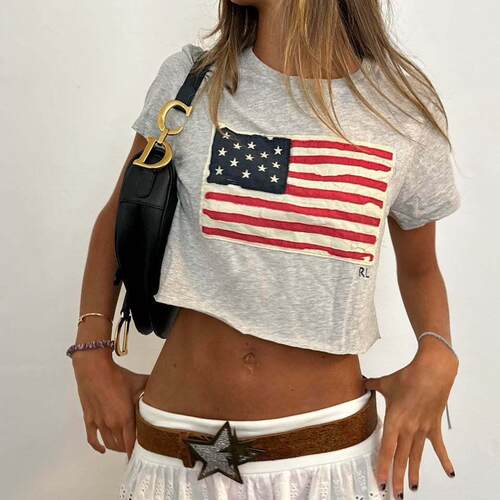 Women 4th Of July T-shirt Short Sleeve Crew Neck Flag Print