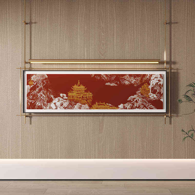 山水艺术品挂画灯光画金属吊杆横幅发光壁画酒店包间壁灯立体墙画