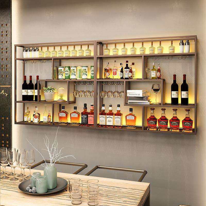 吧台铁艺多层带灯酒架酒柜壁挂式酒水展示架餐厅墙壁悬挂式红酒架