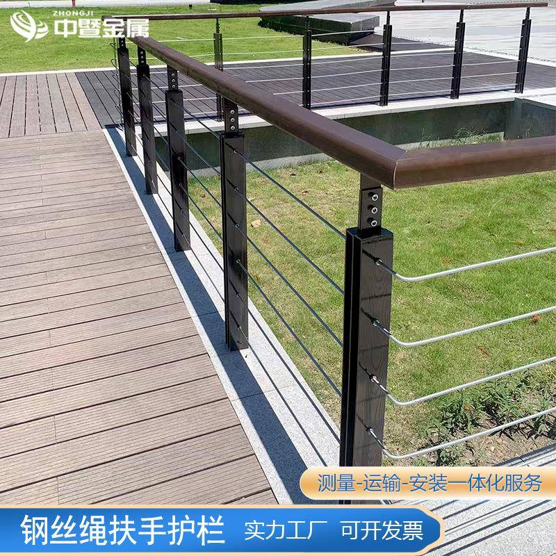 镀锌河道木扶手护栏桥梁景观安全防撞栏杆景区河边钢丝绳宁波围栏