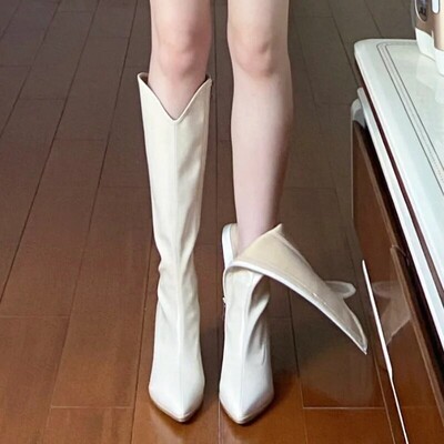 guidi fame白色高跟长靴女2025秋冬新款尖头骑士靴粗跟加绒高筒靴