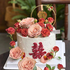 结婚订婚鲜花蛋糕喜字模具翻糖巧克力，装饰摆件婚礼玫瑰花烘焙摆件
