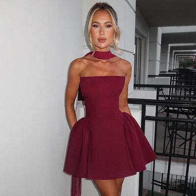Women Plain Dress Neck Streamer Color Sleeveless Club Dating