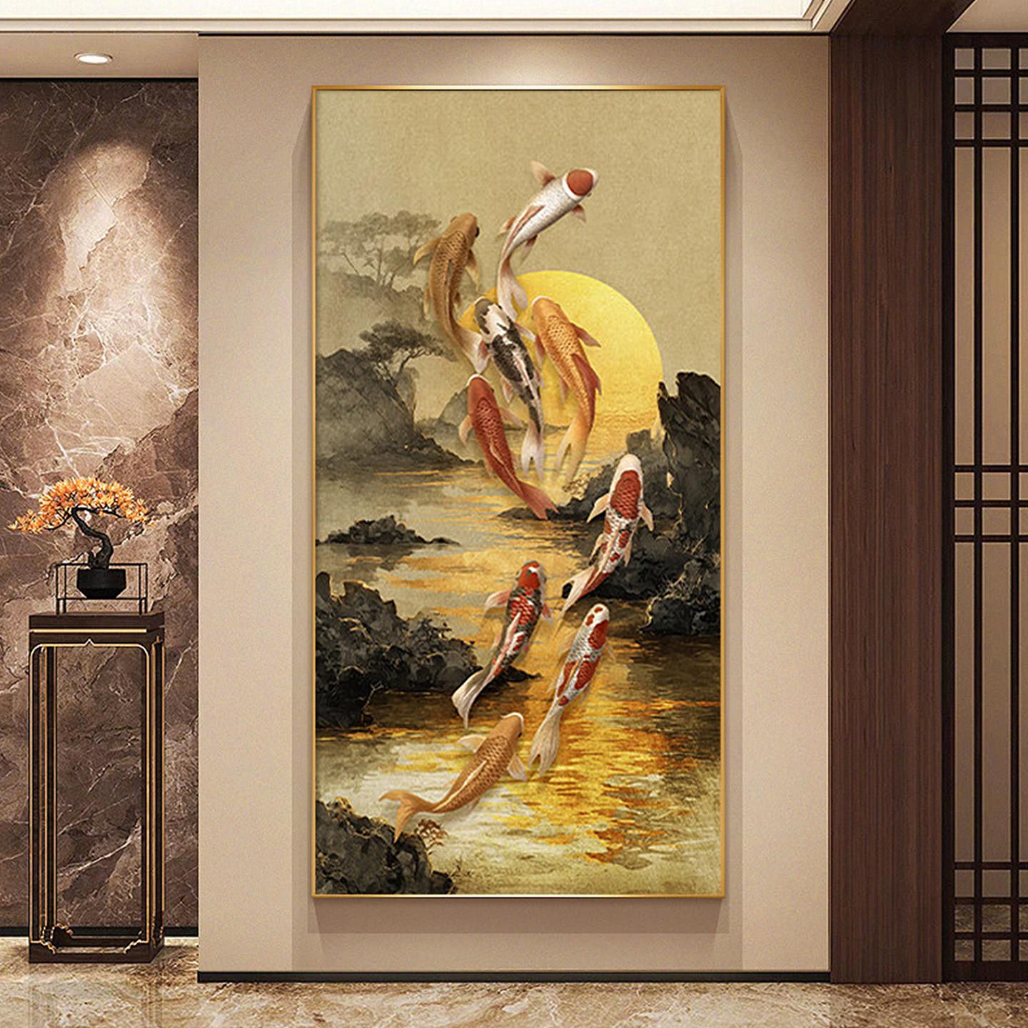 九鱼图玄关装饰画宋代美学新中式挂画客厅入户走廊尽头挂画茶室画