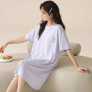 公主风家居服纯棉宽松睡裙女 抗菌新款 夏季 甜美睡衣圆领短袖 中长款