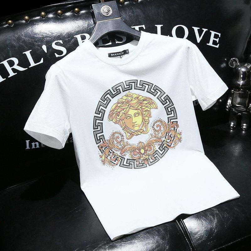 欧洲站高端短袖T恤夏季款潮流烫钻印花修身男装圆领男士体恤半袖T