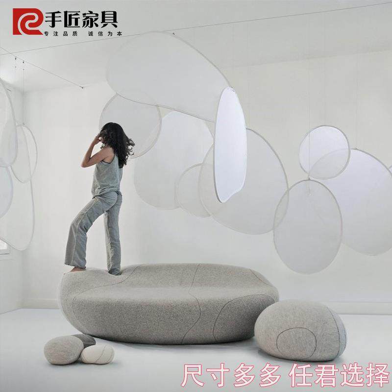 玻璃钢鹅卵石休闲椅软包坐凳酒店民宿美陈样板房别墅家具石头凳子