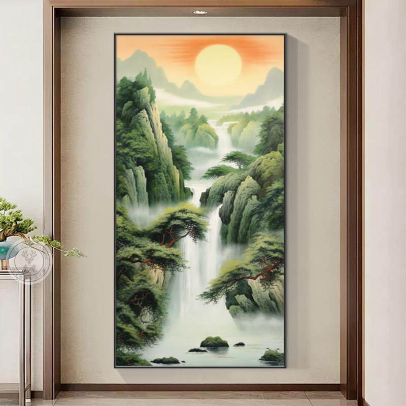 入户门高山流水正对挂画进门装饰画风景画中式画山水生财玄关挂画