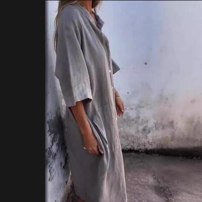 Mid sleeved cotton and linen shirt dress for women