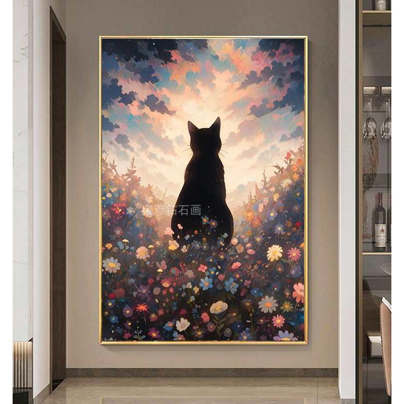 玄关DIY方钻满钻钻石画钻石绣小花丛黑色猫咪背影贴钻印花十字绣