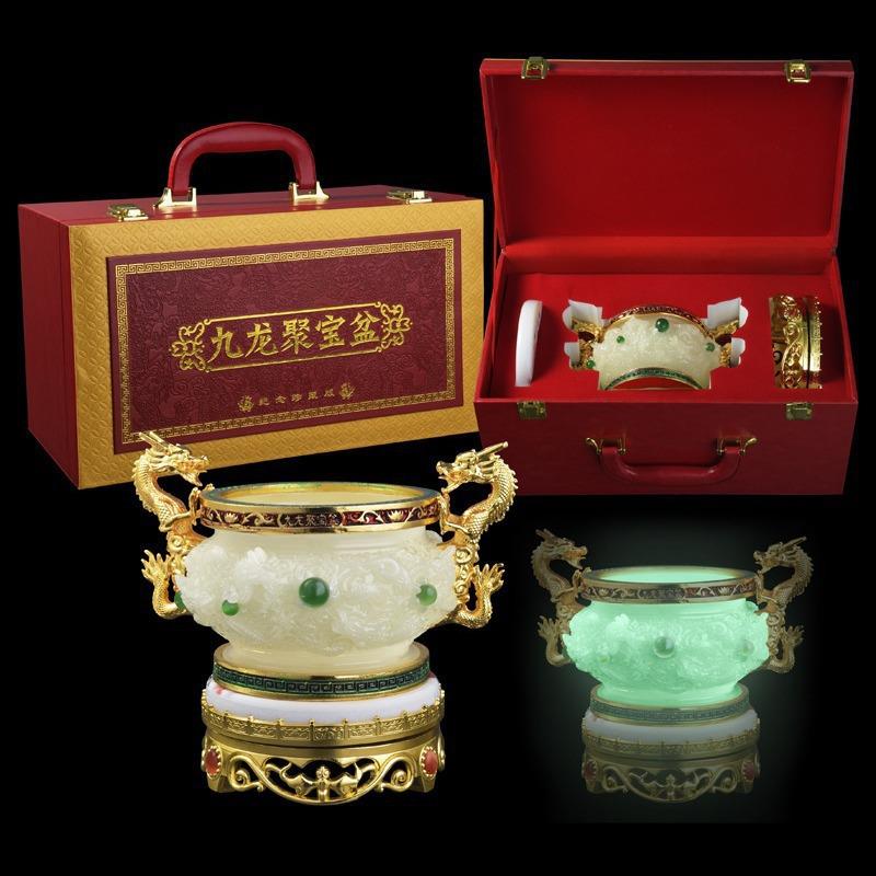 九龙聚宝盆摆件可旋转摆件聚宝盆铜器夜光玉石阿富汗玉夜光聚宝盆