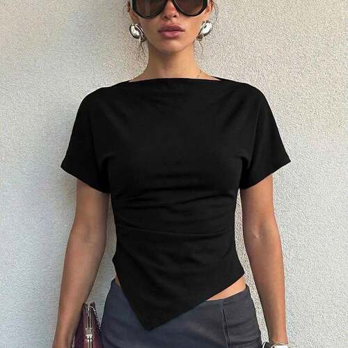 Women's Solid Color Boat-Neck Irregular-Hem T-Shirt Top