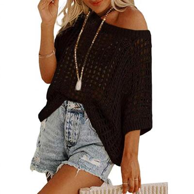 Womens Summer Scoop Neck Short Sleeve Sweater Casual Crochet