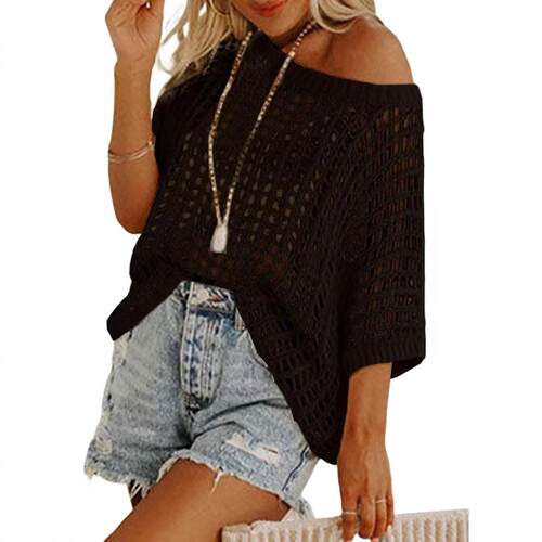 Womens Summer Scoop Neck Short Sleeve Sweater Casual Crochet