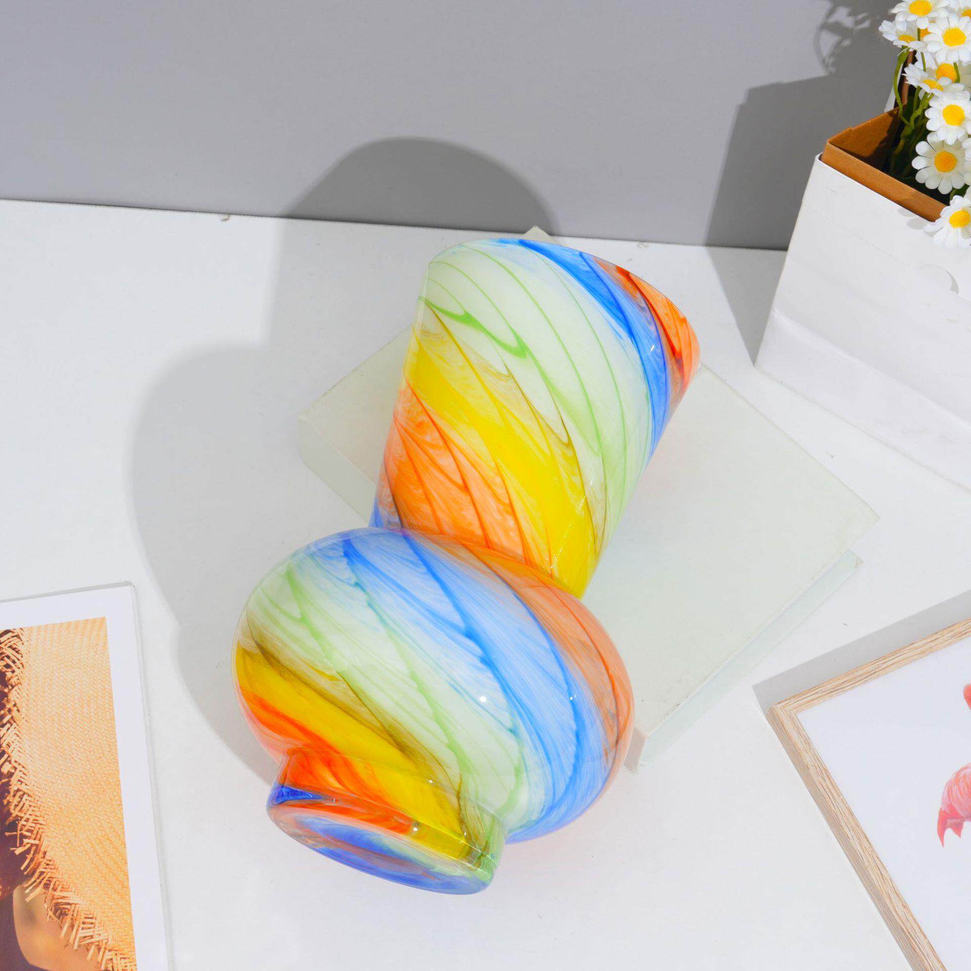 高级感手工琉璃花瓶客厅摆件水培插花彩色条纹玻璃装饰品彩虹瓶