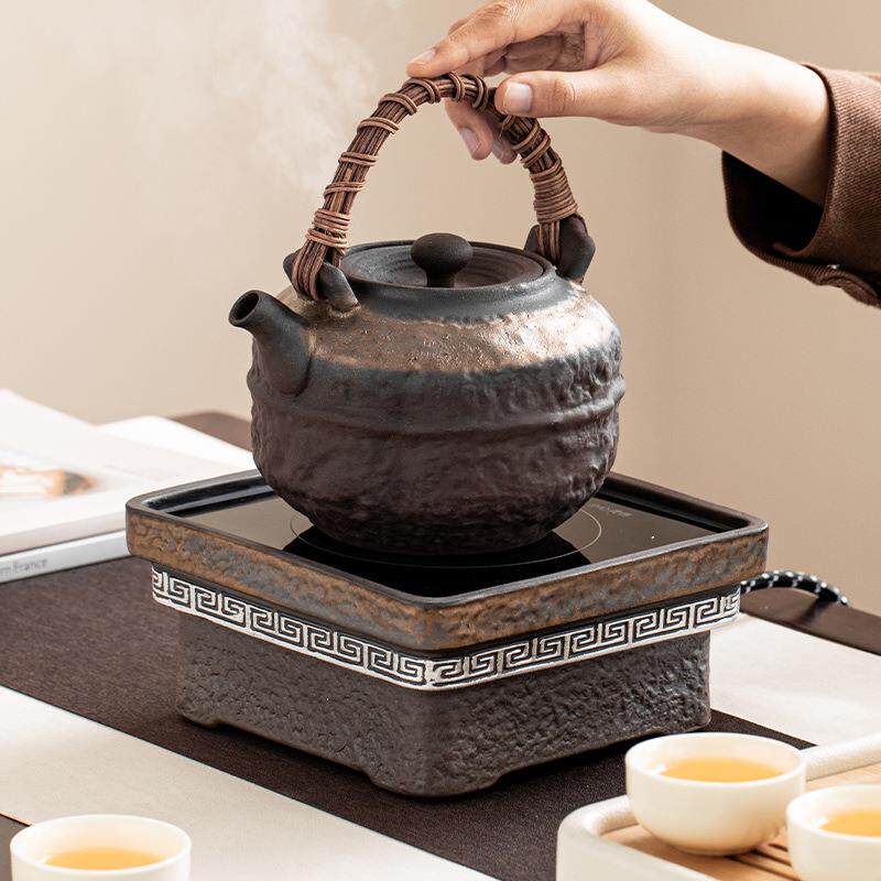 陶瓷复古粗陶煮茶炉电陶炉电炉丝电热中式煮茶器蒸茶器提梁煮茶壶