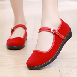 老北京布鞋女鞋黑色酒店工作鞋，跳舞鞋妈妈，鞋软底防滑红色平底布鞋