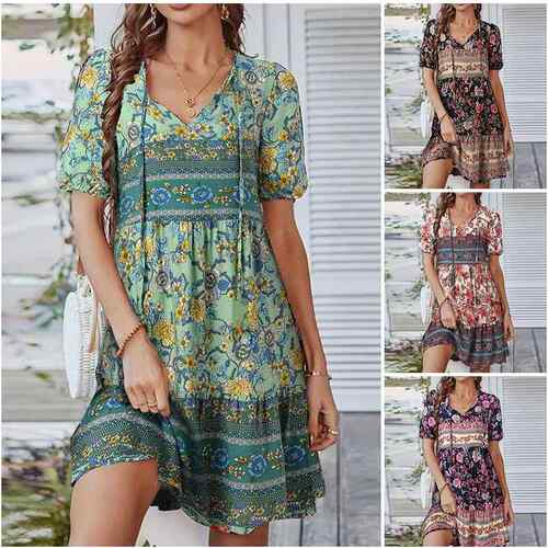 Floral print lace up front short sleeved holiday