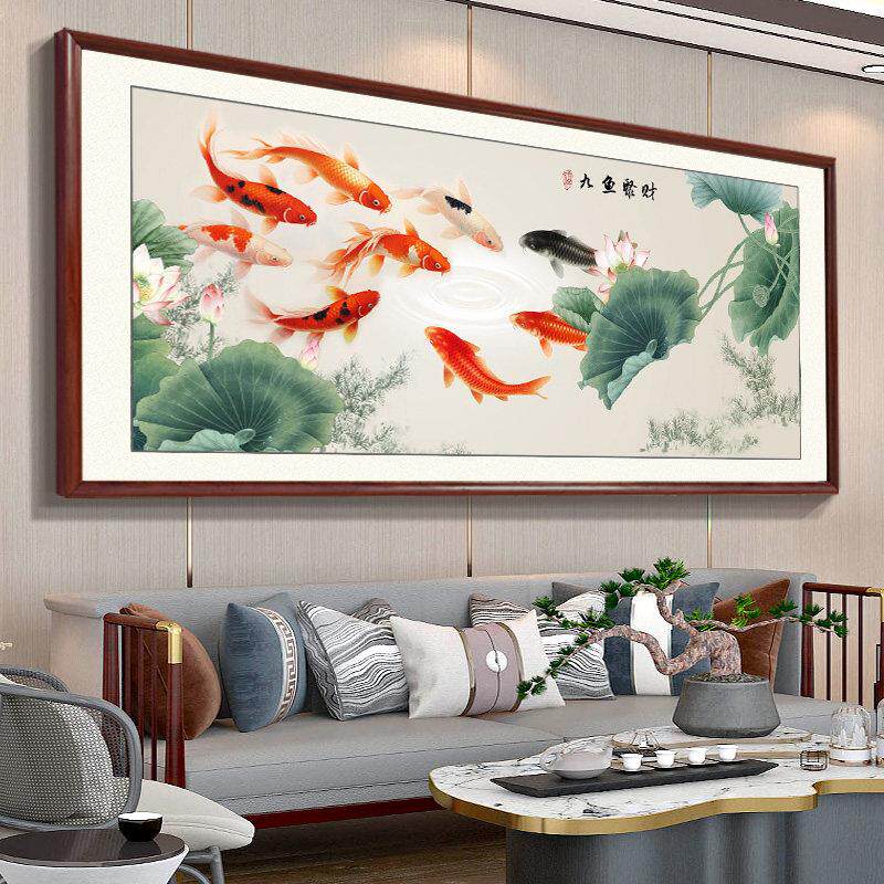 2025新款高档中堂挂画 画荷花九鱼聚财图新中式客厅装饰沙发背景