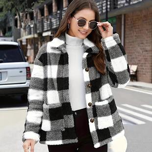 Women's plaid plush jacket long sleeved jacket large