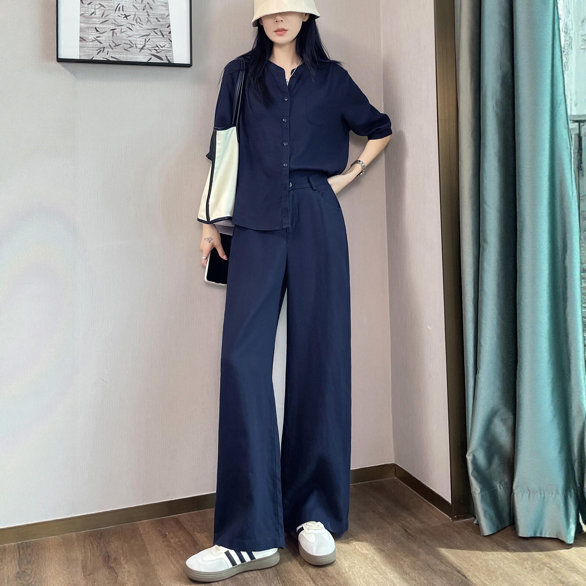 蓝色衬衫天丝亚麻套装女2025夏休闲慵懒高级感简约薄款上衣两件套