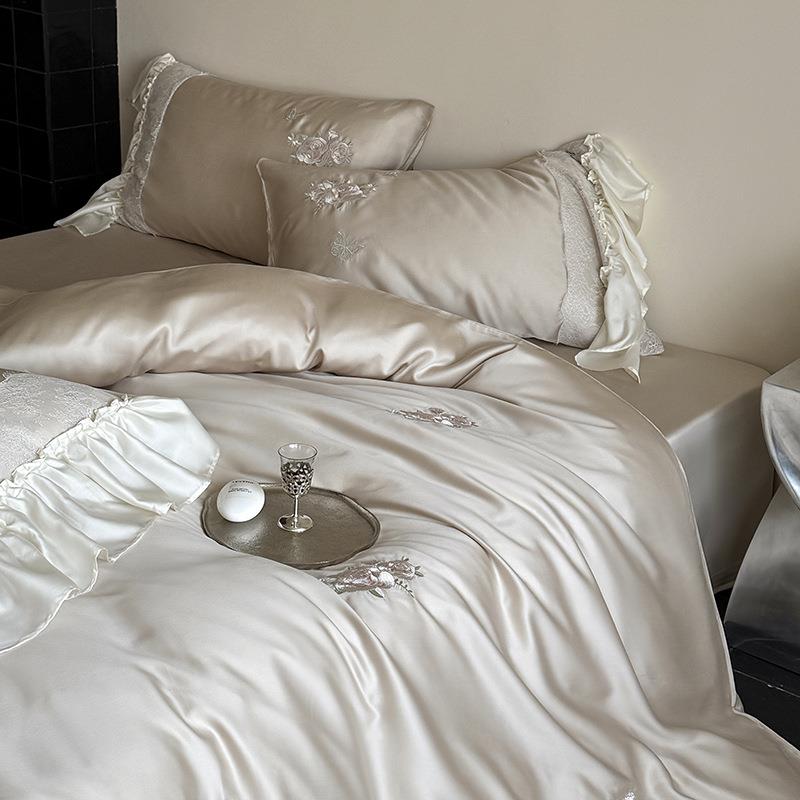 漫新款高端天丝四件套夏YRE季浪粉色玫瑰笠边冰凉花感床被套床上